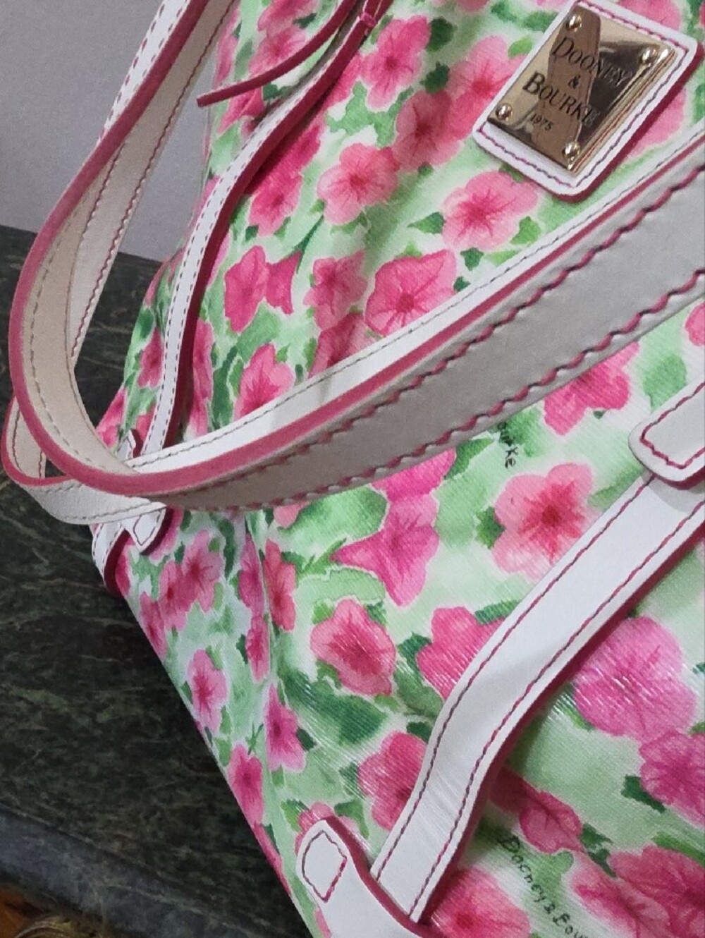 Dooney & Bourke Pink Floral Tote with White Trim - Picture 4 of 5
